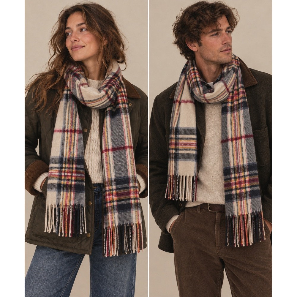 Eddie Bauer Scarf OS Cream Tartan Plaid Cashmere Wool Fringe Heritage Cabin Prep